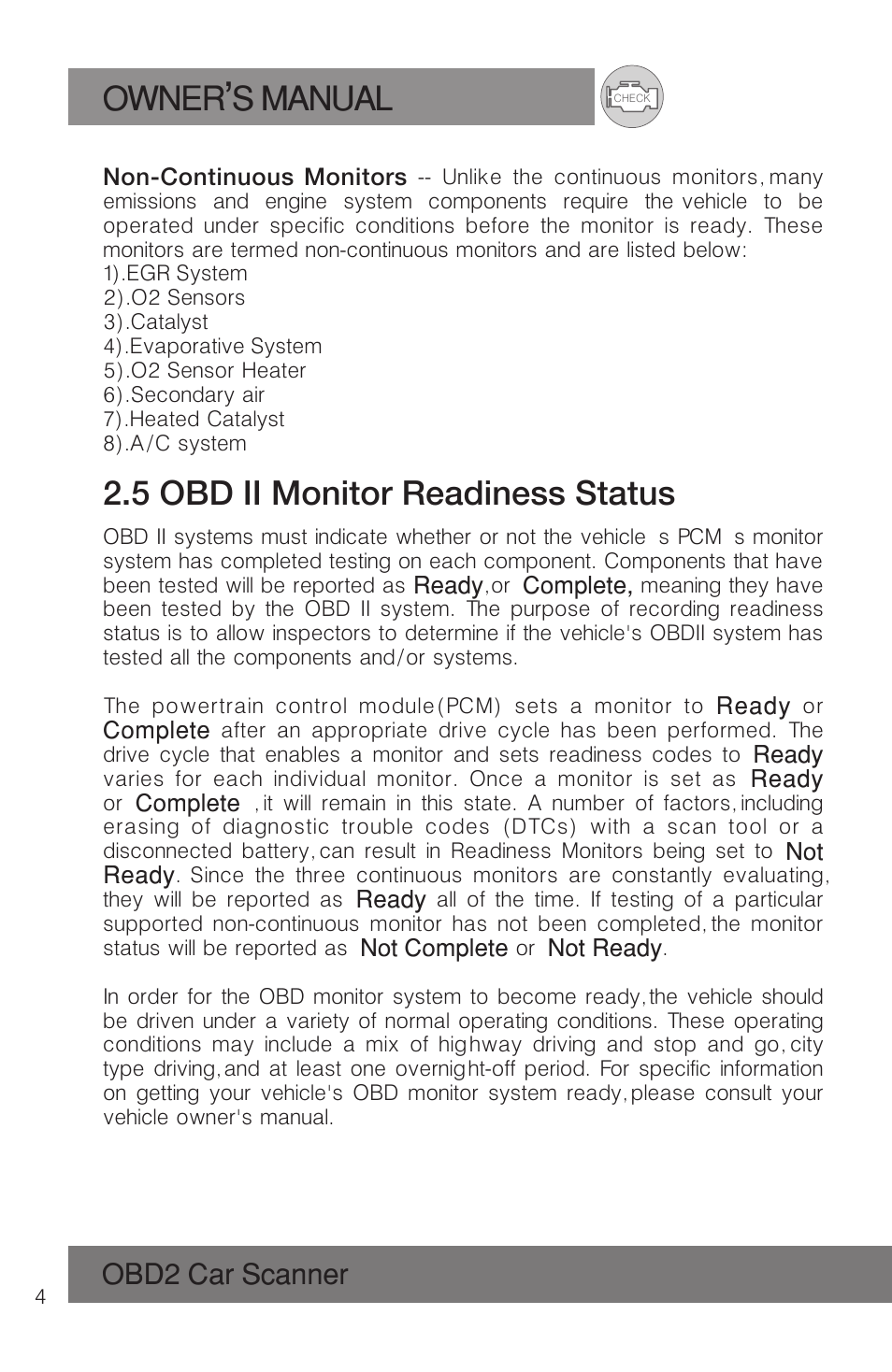 Owner s manual, 5 obd ii monitor readiness status, Obd2 car scanner | Roadi RDT51 User Manual | Page 8 / 186