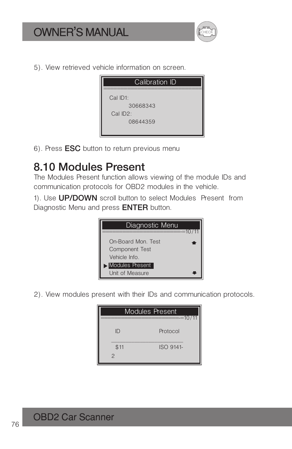 Owner s manual, 10 modules present, Obd2 car scanner | Roadi RDT51 User Manual | Page 80 / 186