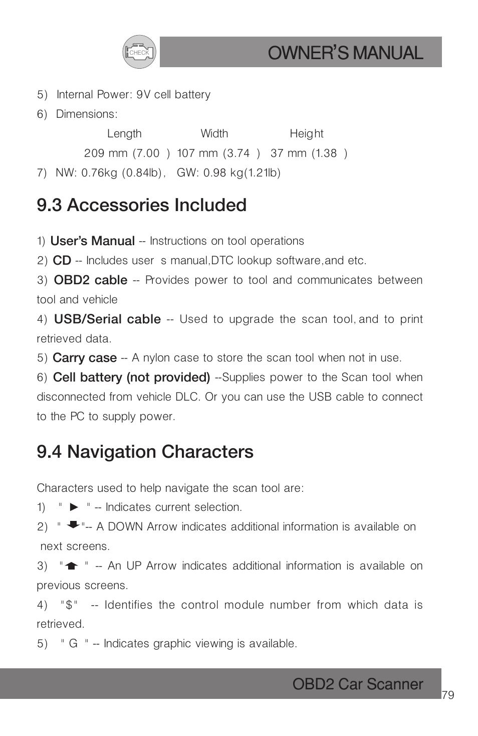 Owner s manual, 3 accessories included, 4 navigation characters | Obd2 car scanner | Roadi RDT51 User Manual | Page 83 / 186