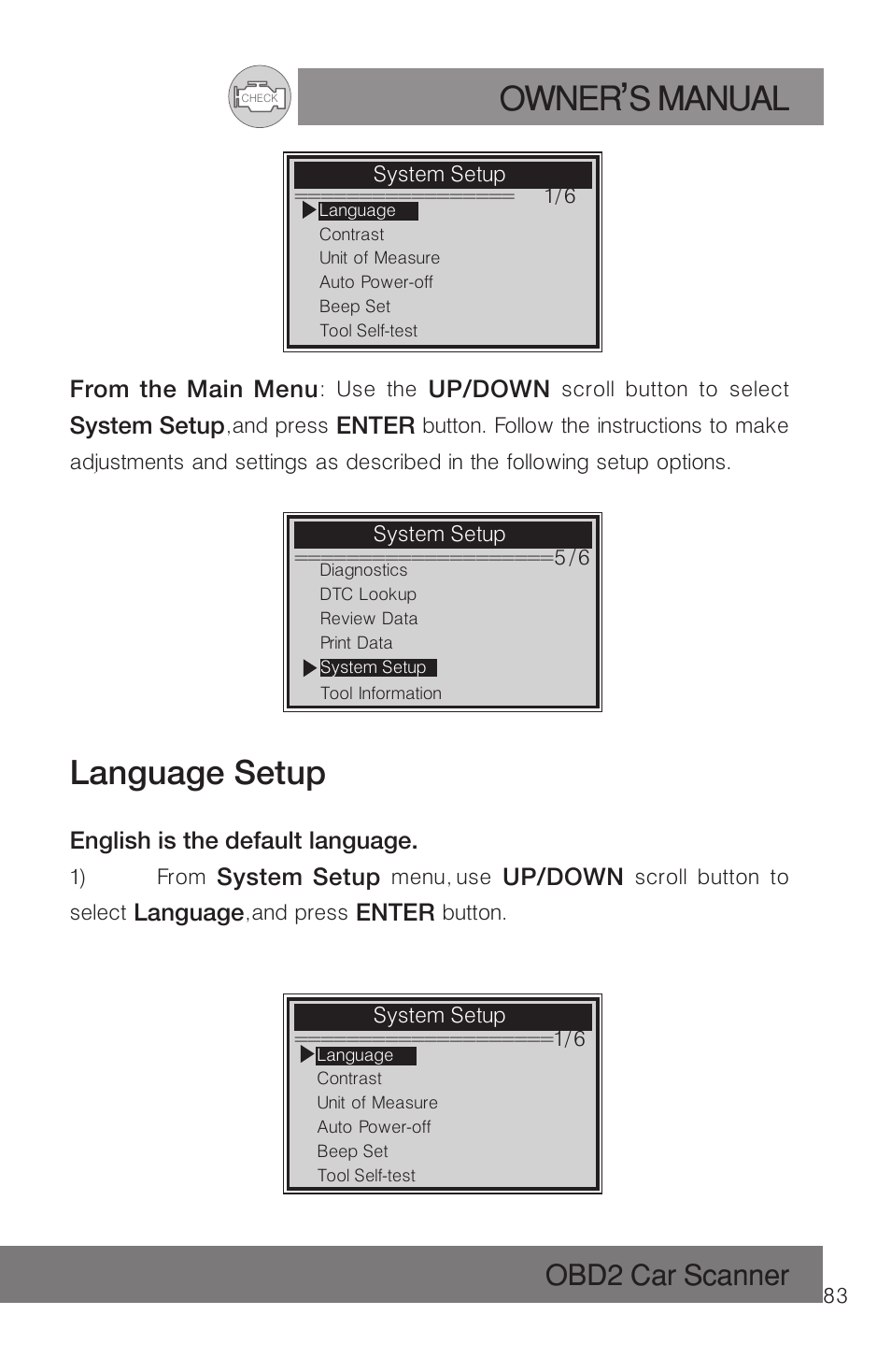 Owner s manual, Language setup, Obd2 car scanner | Roadi RDT51 User Manual | Page 87 / 186