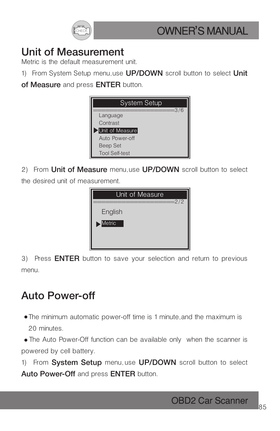 Owner s manual, Unit of measurement, Auto power-off | Obd2 car scanner | Roadi RDT51 User Manual | Page 89 / 186