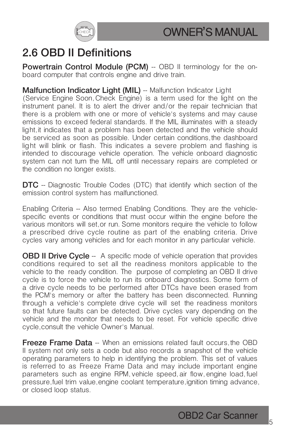Owner s manual, 6 obd ii definitions, Obd2 car scanner | Roadi RDT51 User Manual | Page 9 / 186