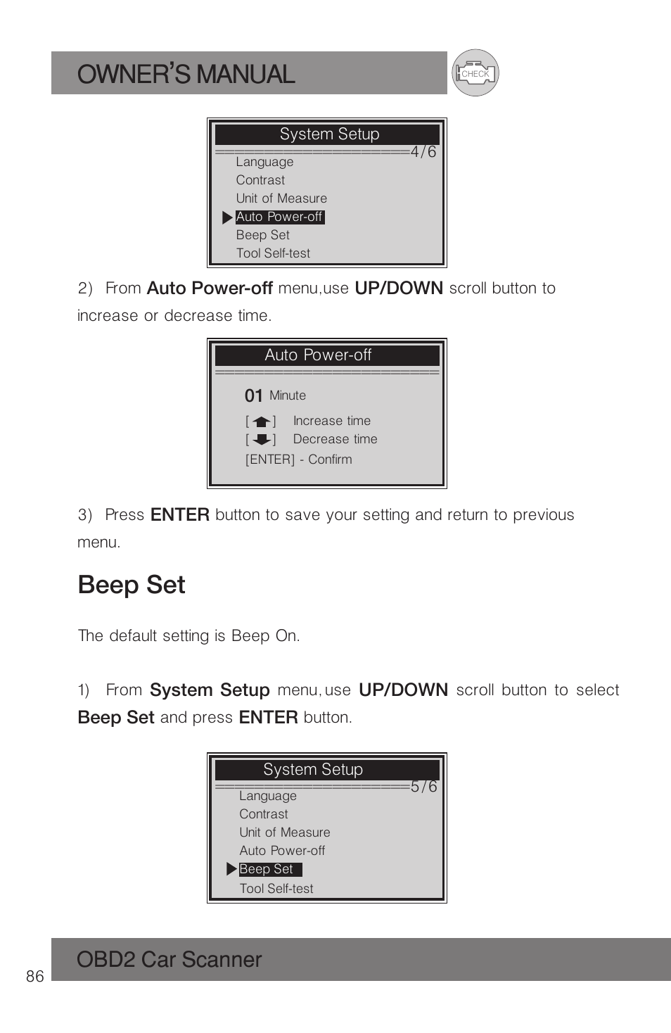 Owner s manual, Beep set, Obd2 car scanner | Roadi RDT51 User Manual | Page 90 / 186
