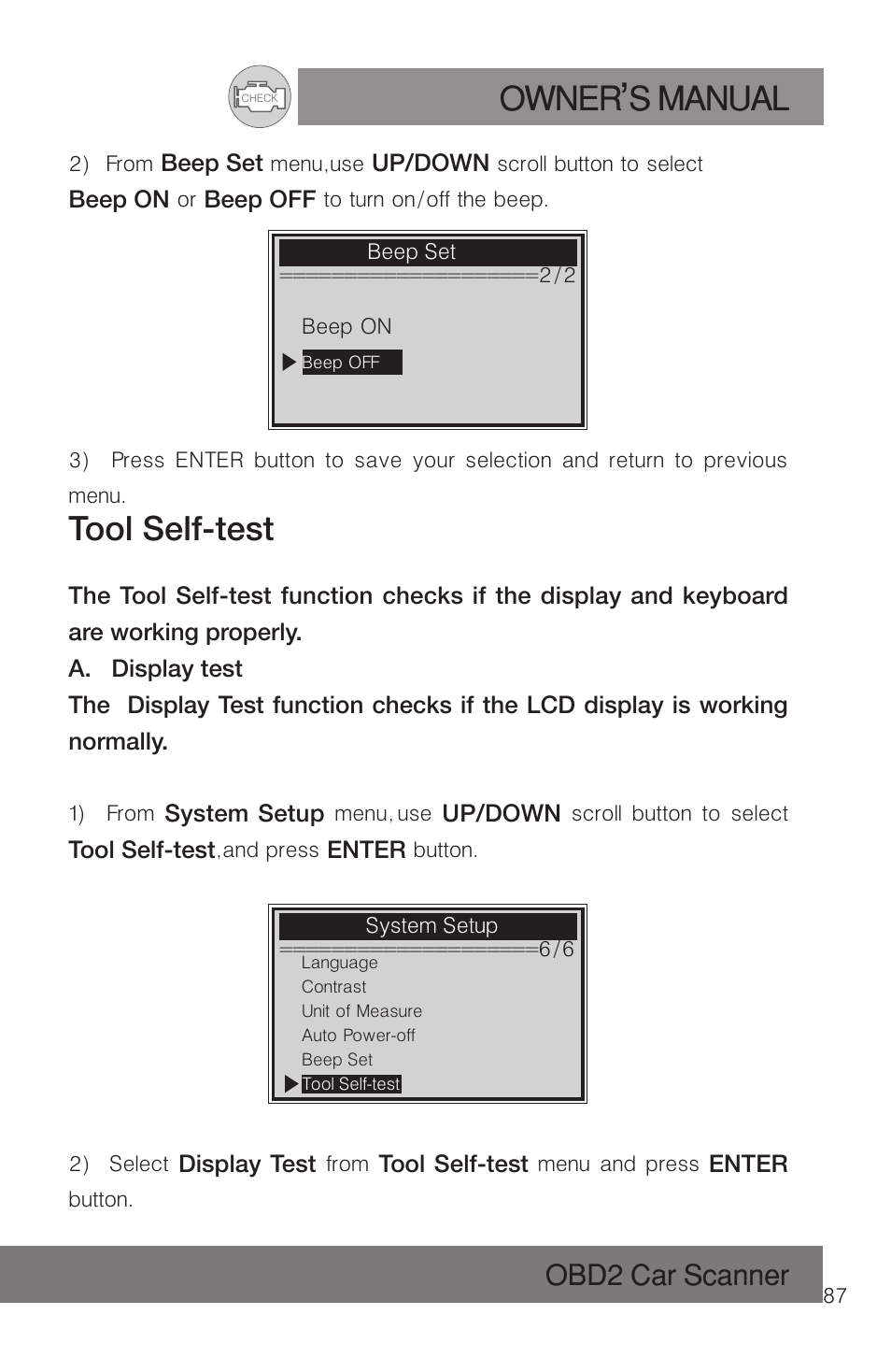 Owner s manual, Tool self-test, Obd2 car scanner | Roadi RDT51 User Manual | Page 91 / 186