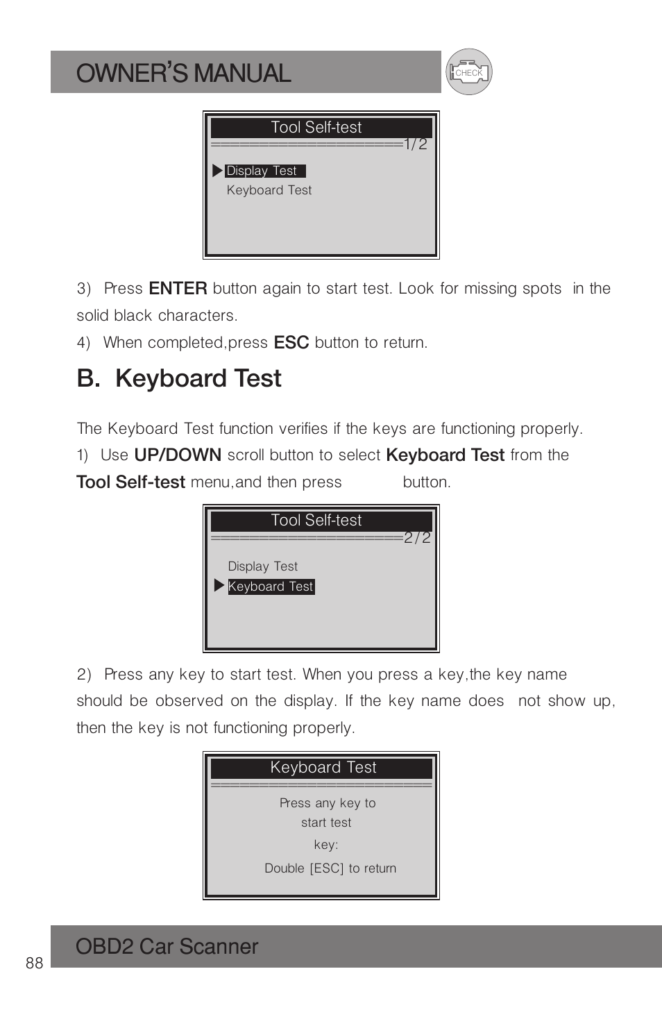 Owner s manual, B. keyboard test, Obd2 car scanner | Roadi RDT51 User Manual | Page 92 / 186