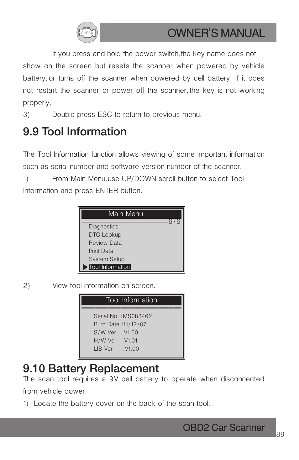 Owner s manual, 9 tool information, 10 battery replacement | Obd2 car scanner | Roadi RDT51 User Manual | Page 93 / 186