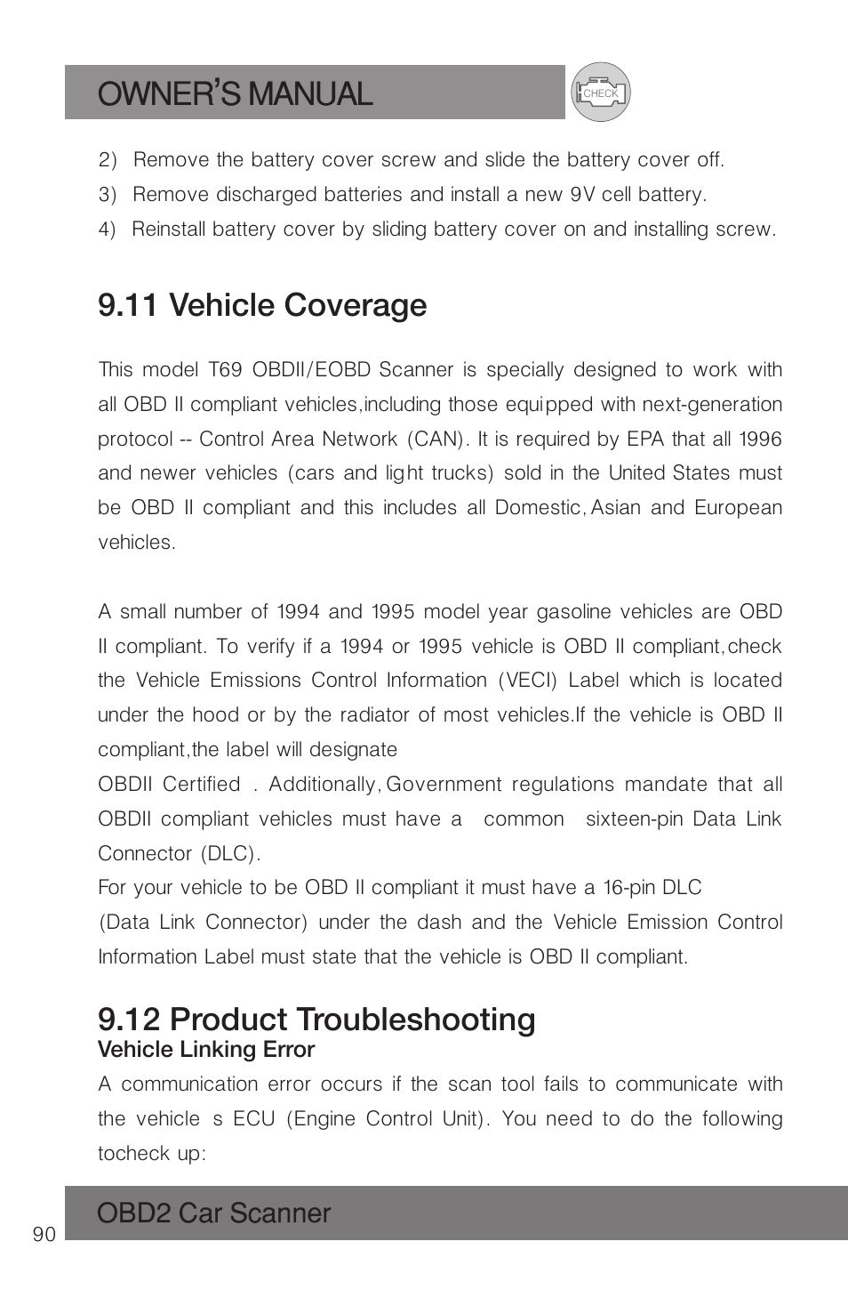Owner s manual, 11 vehicle coverage, 12 product troubleshooting | Obd2 car scanner | Roadi RDT51 User Manual | Page 94 / 186