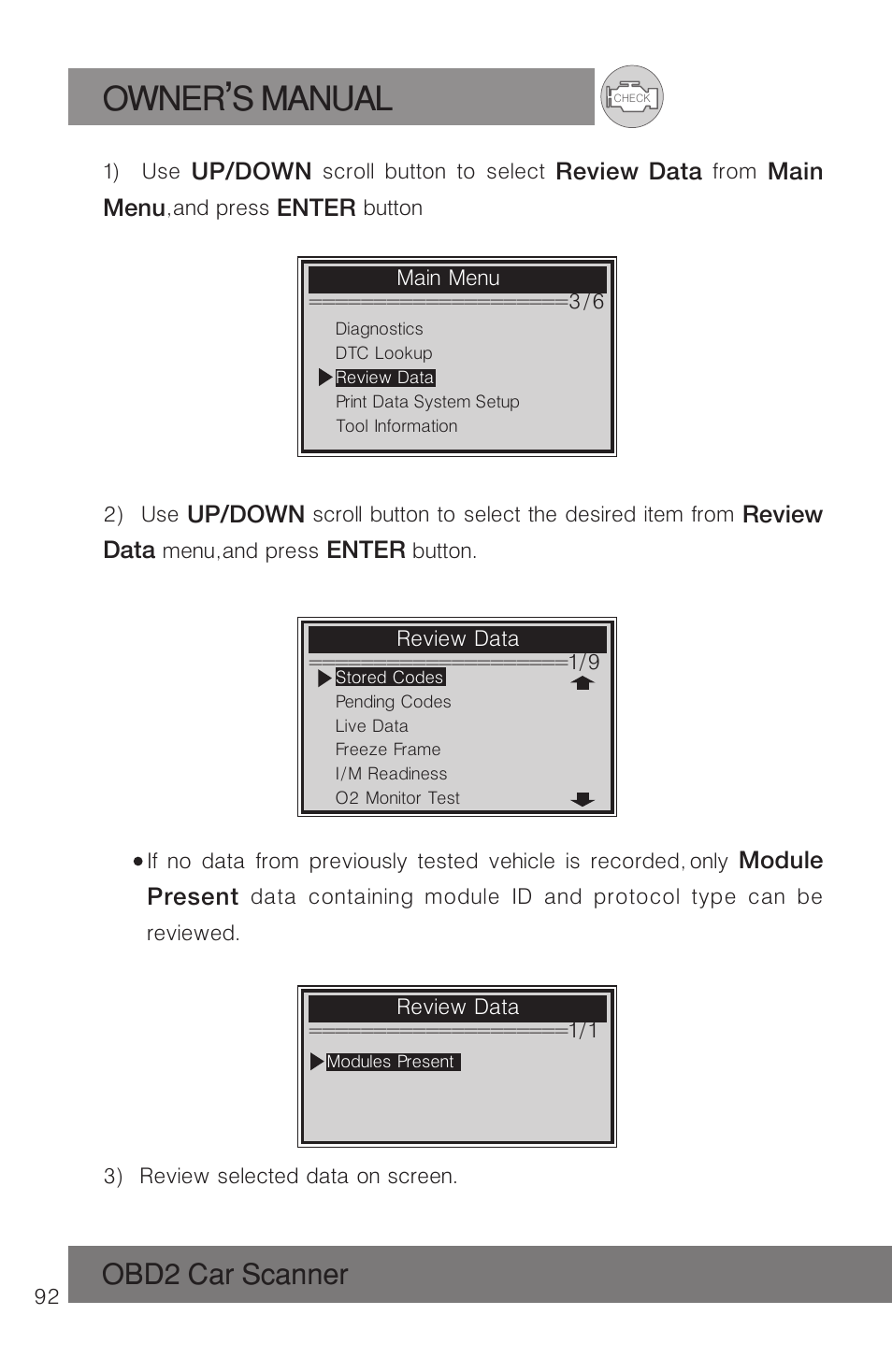 Owner s manual, Obd2 car scanner | Roadi RDT51 User Manual | Page 96 / 186