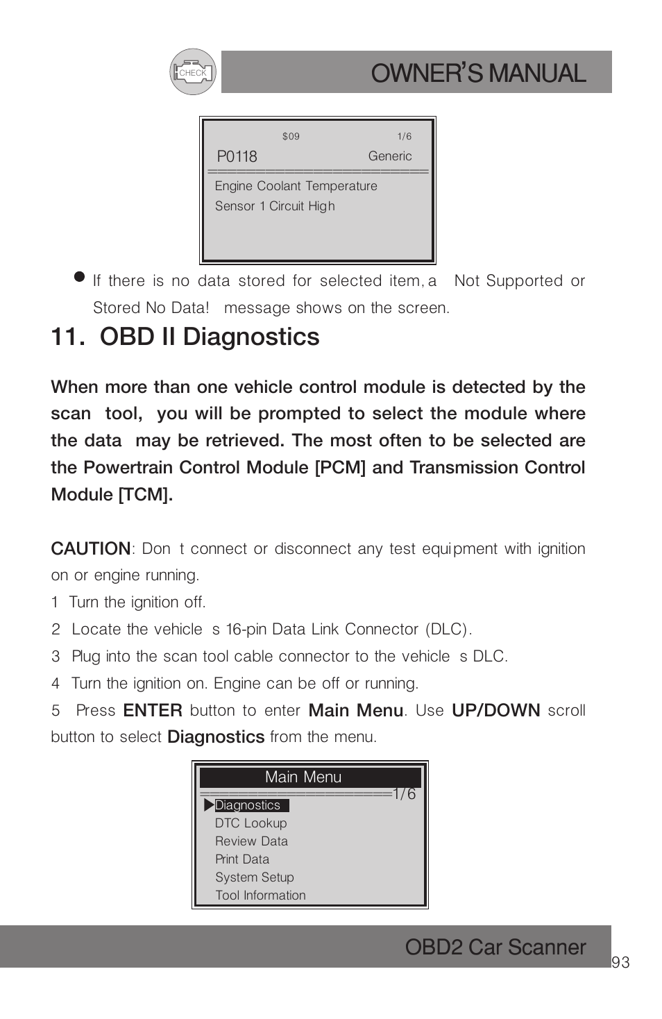 Owner s manual, Obd ii diagnostics, Obd2 car scanner | Roadi RDT51 User Manual | Page 97 / 186