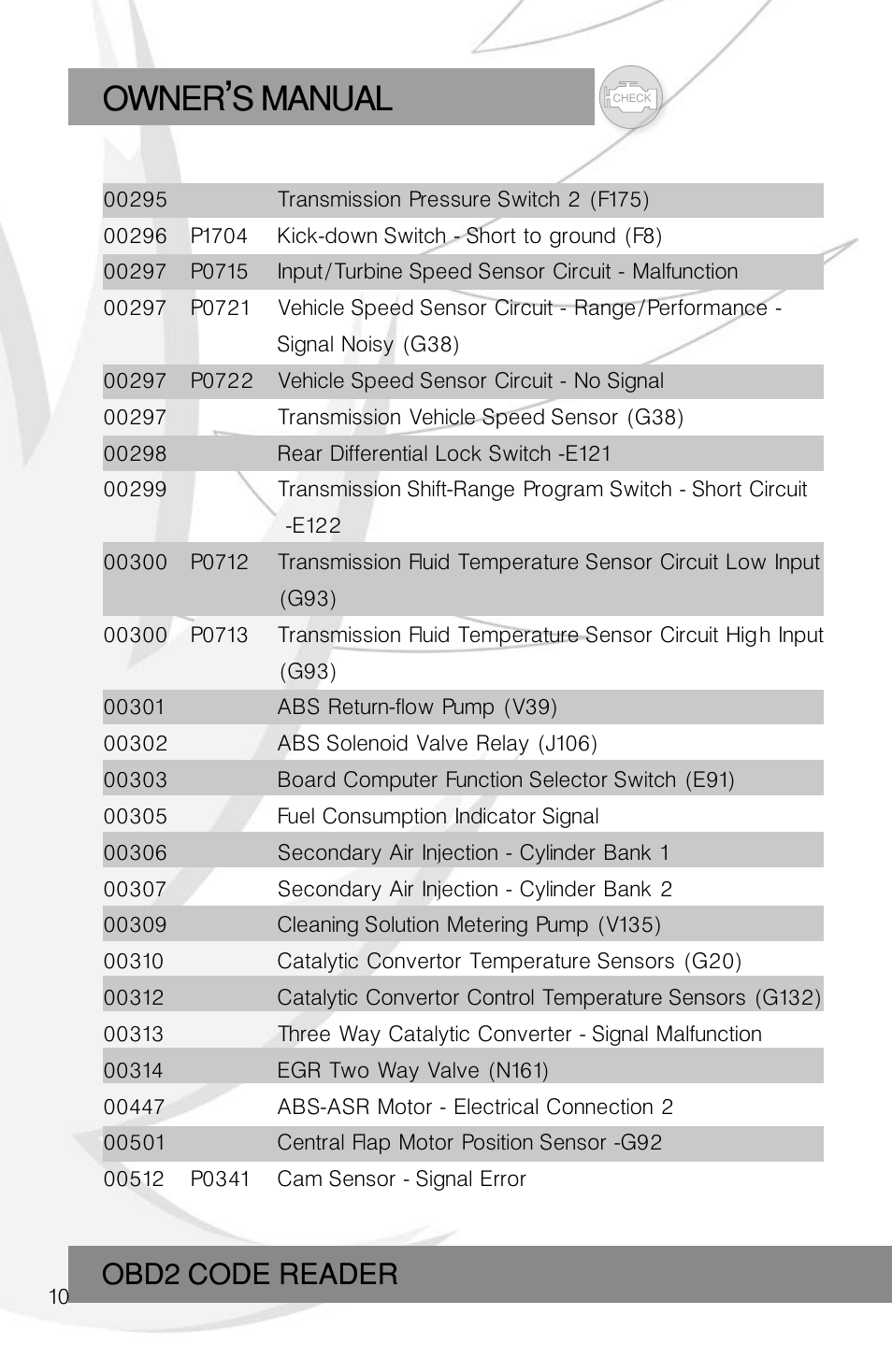 Owner s manual, Obd2 code reader | Roadi RDT45 User Manual | Page 10 / 40
