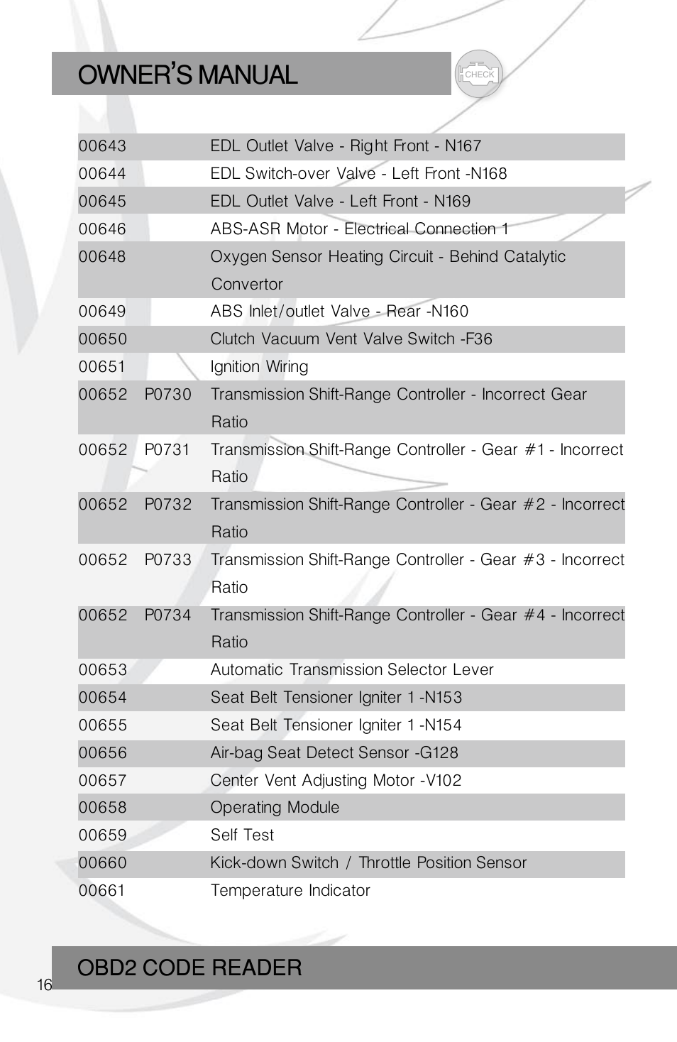 Owner s manual, Obd2 code reader | Roadi RDT45 User Manual | Page 16 / 40