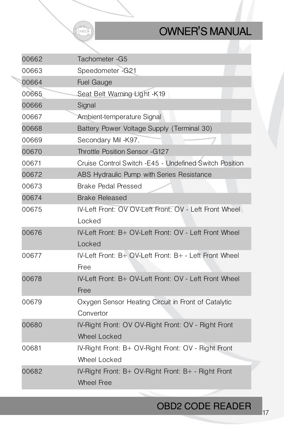 Owner s manual, Obd2 code reader | Roadi RDT45 User Manual | Page 17 / 40