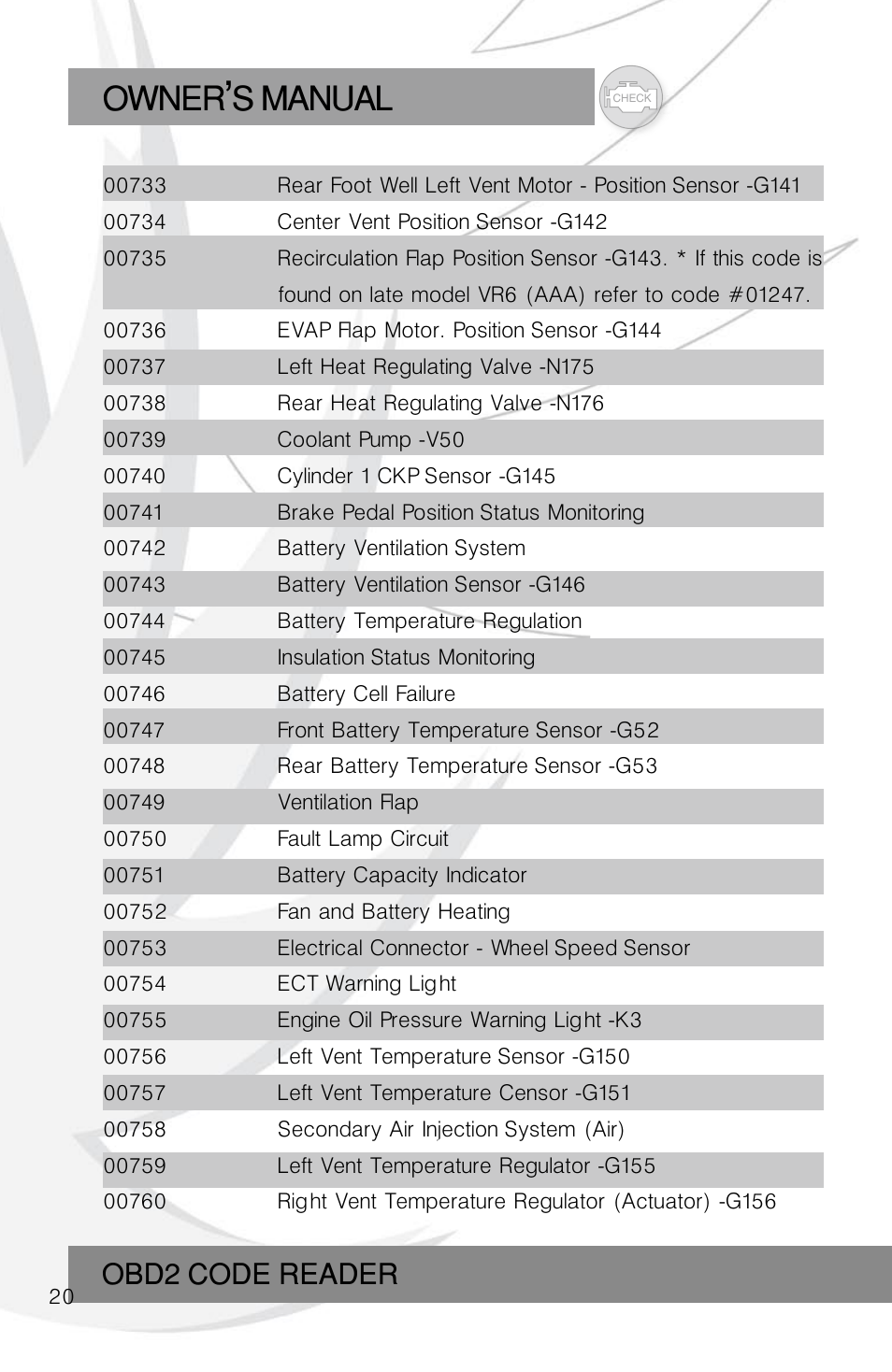 Owner s manual, Obd2 code reader | Roadi RDT45 User Manual | Page 20 / 40