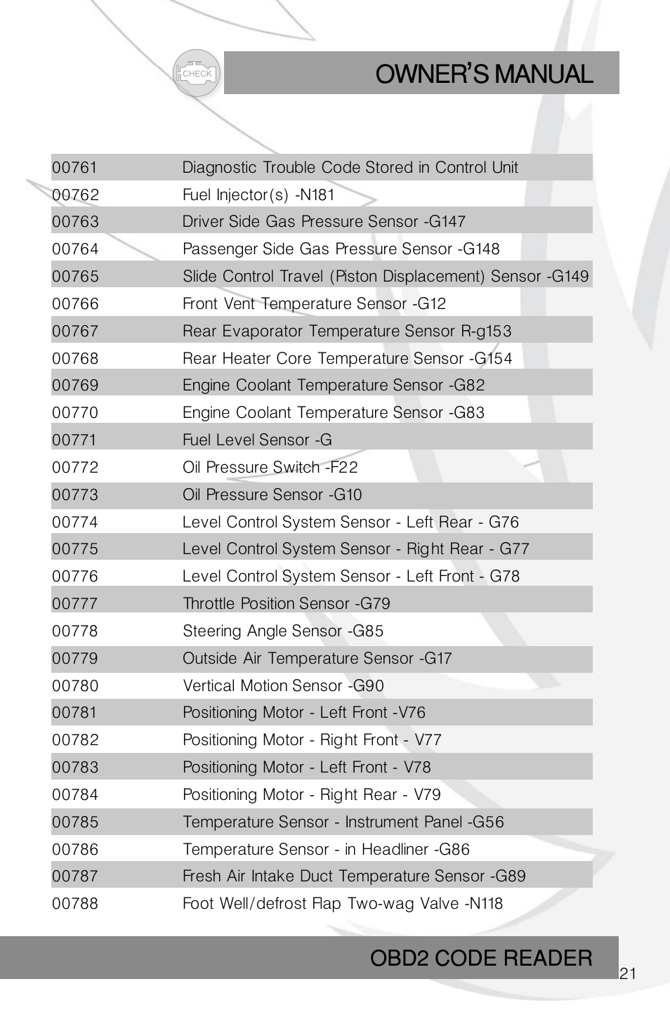 Owner s manual, Obd2 code reader | Roadi RDT45 User Manual | Page 21 / 40