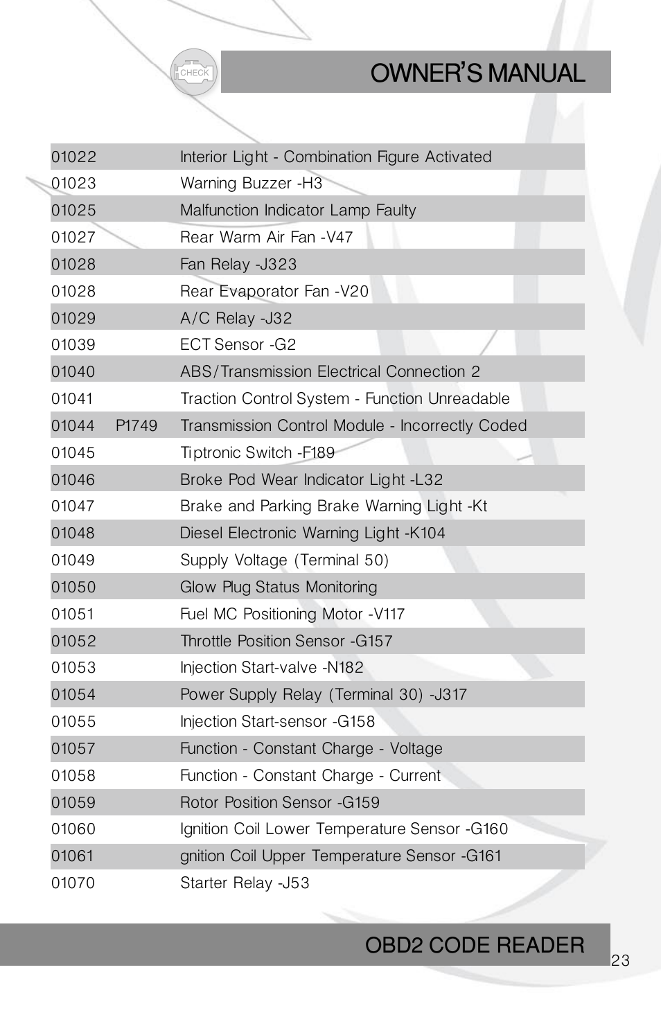 Owner s manual, Obd2 code reader | Roadi RDT45 User Manual | Page 23 / 40