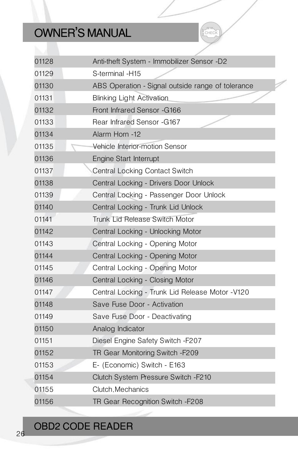 Owner s manual, Obd2 code reader | Roadi RDT45 User Manual | Page 26 / 40