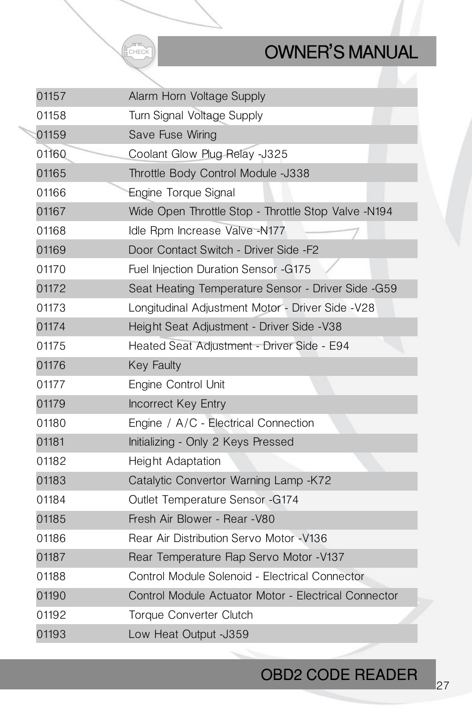 Owner s manual, Obd2 code reader | Roadi RDT45 User Manual | Page 27 / 40