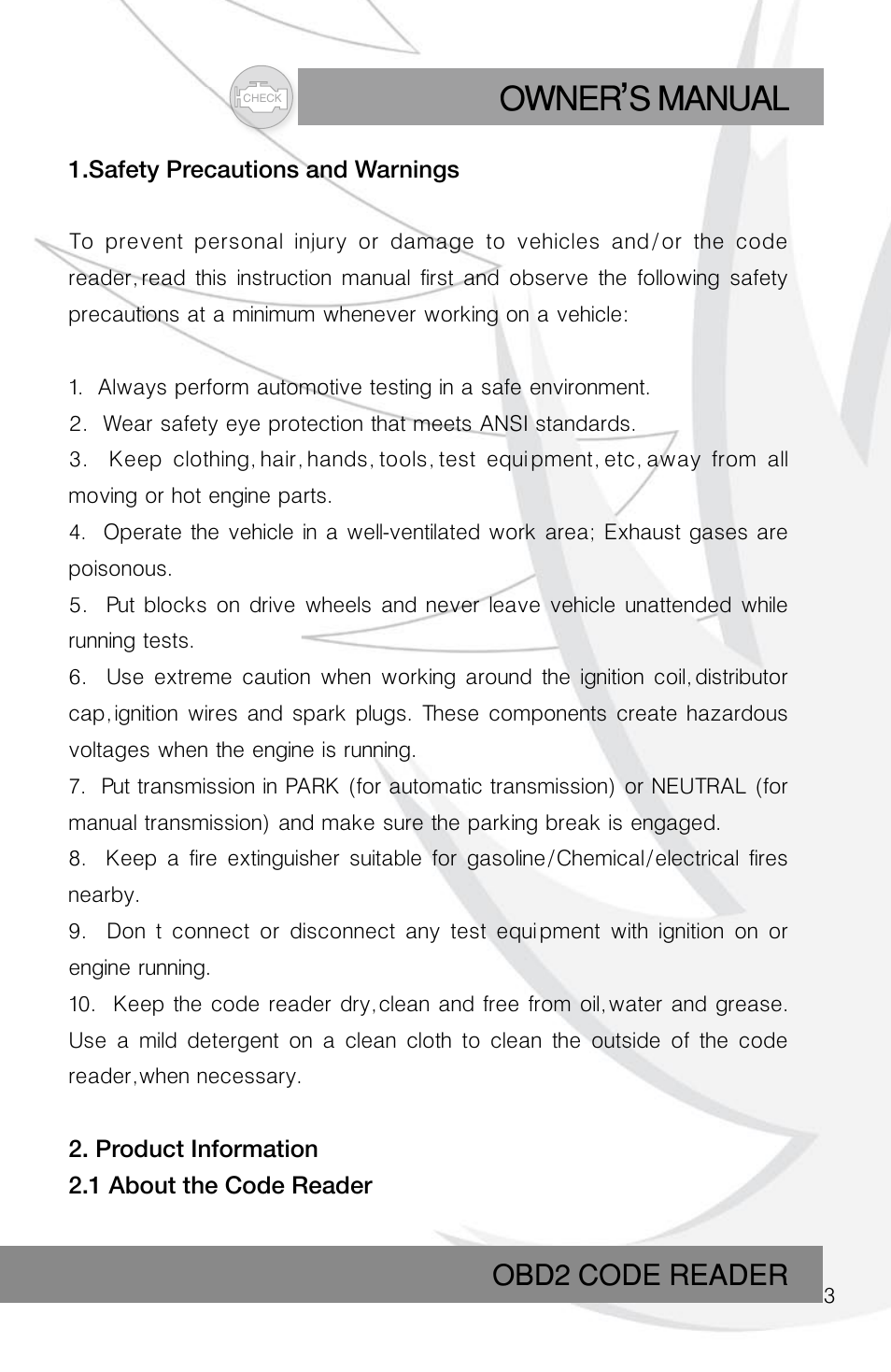 Owner s manual, Obd2 code reader | Roadi RDT45 User Manual | Page 3 / 40