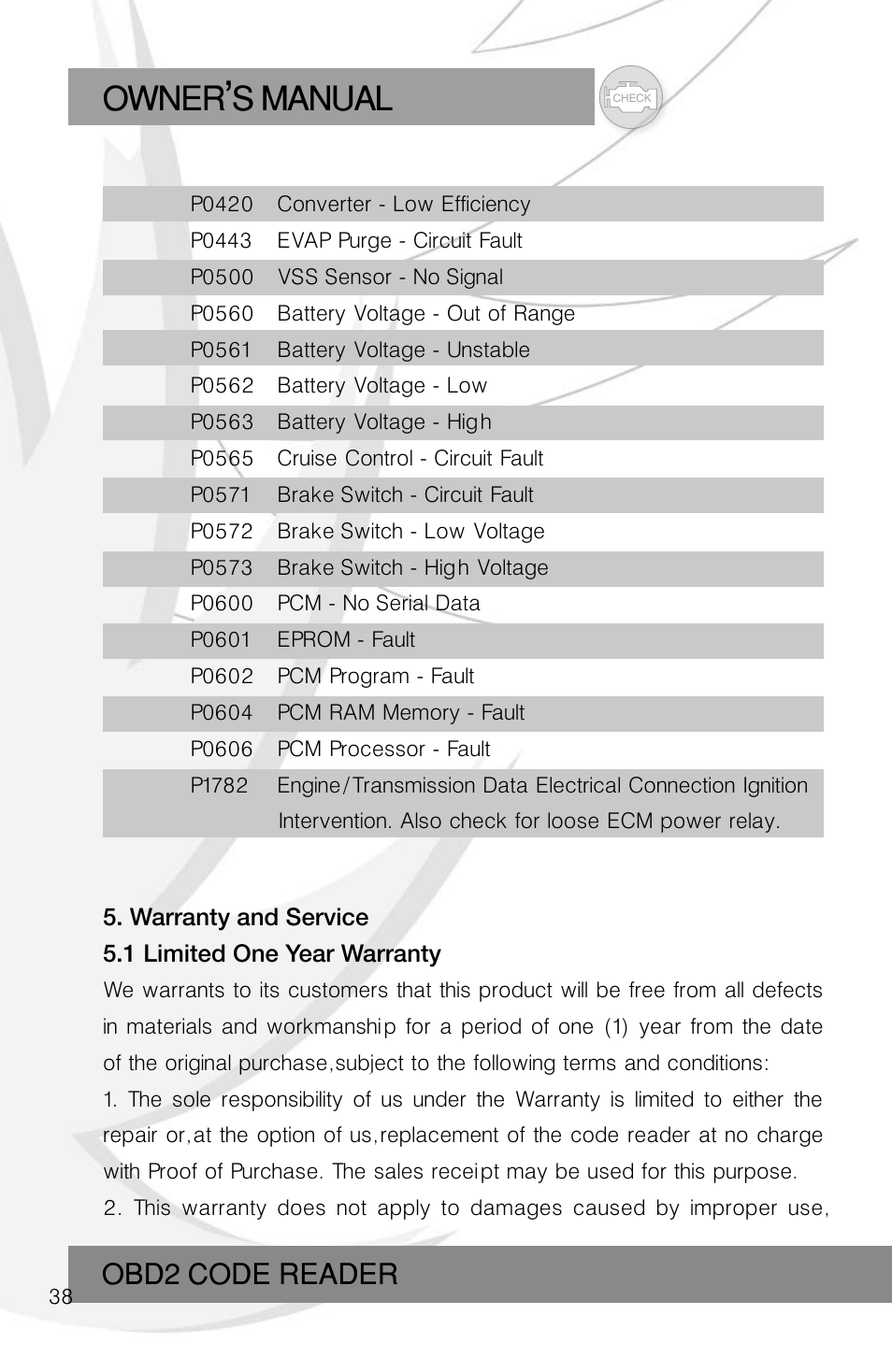 Owner s manual, Obd2 code reader | Roadi RDT45 User Manual | Page 38 / 40