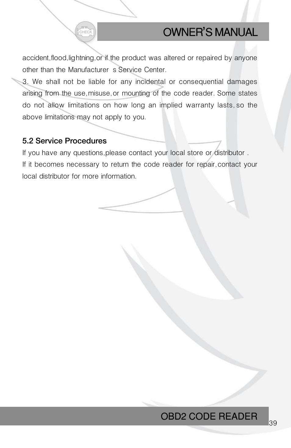 Owner s manual, Obd2 code reader | Roadi RDT45 User Manual | Page 39 / 40