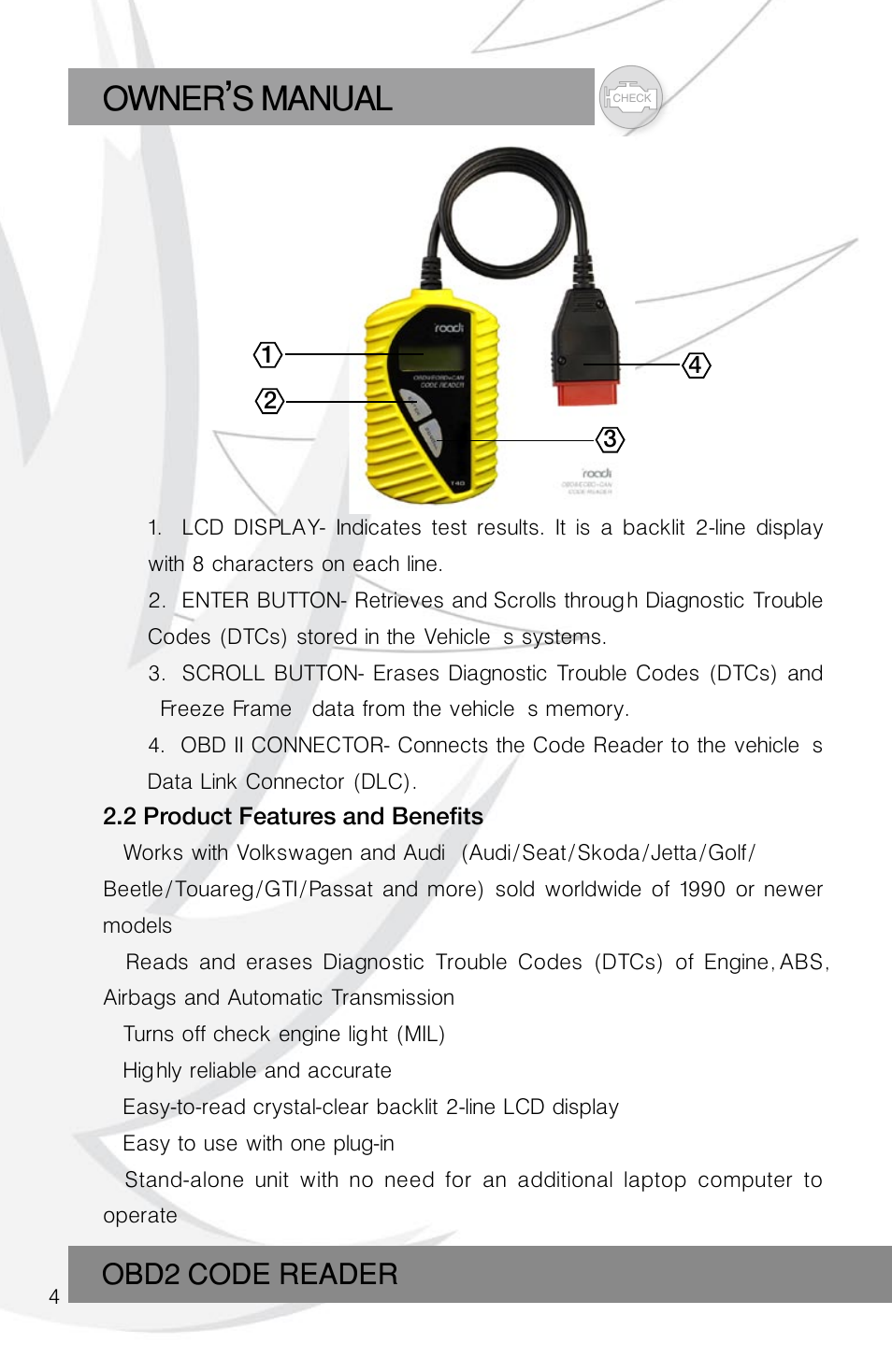 Owner s manual, Obd2 code reader | Roadi RDT45 User Manual | Page 4 / 40