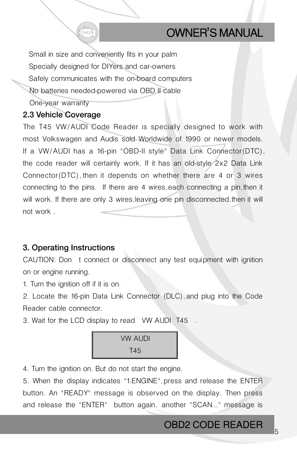 Owner s manual, Obd2 code reader | Roadi RDT45 User Manual | Page 5 / 40