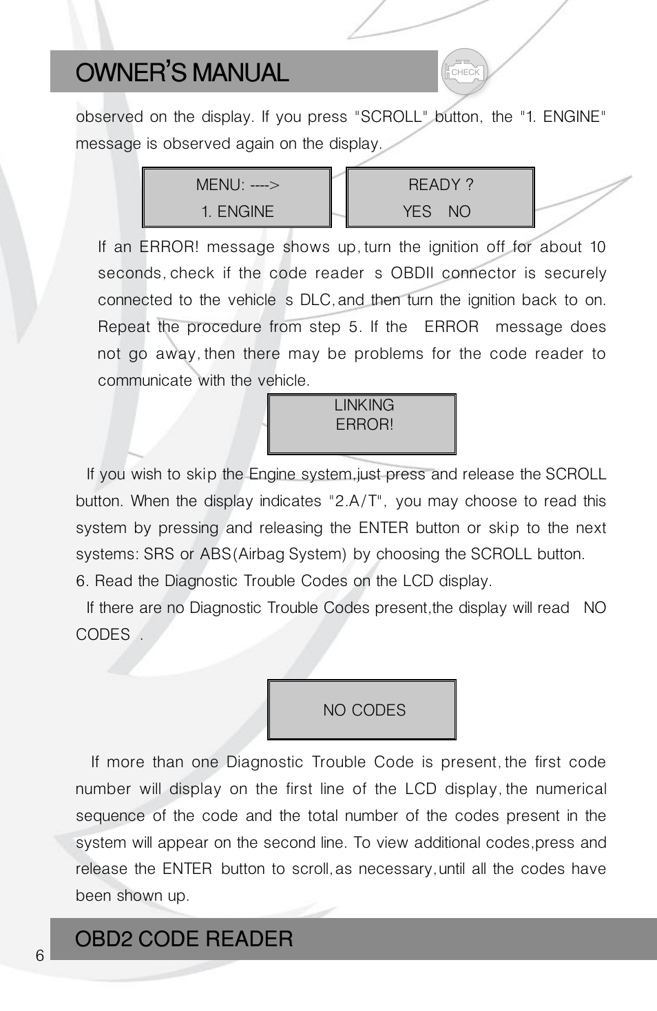 Owner s manual, Obd2 code reader | Roadi RDT45 User Manual | Page 6 / 40