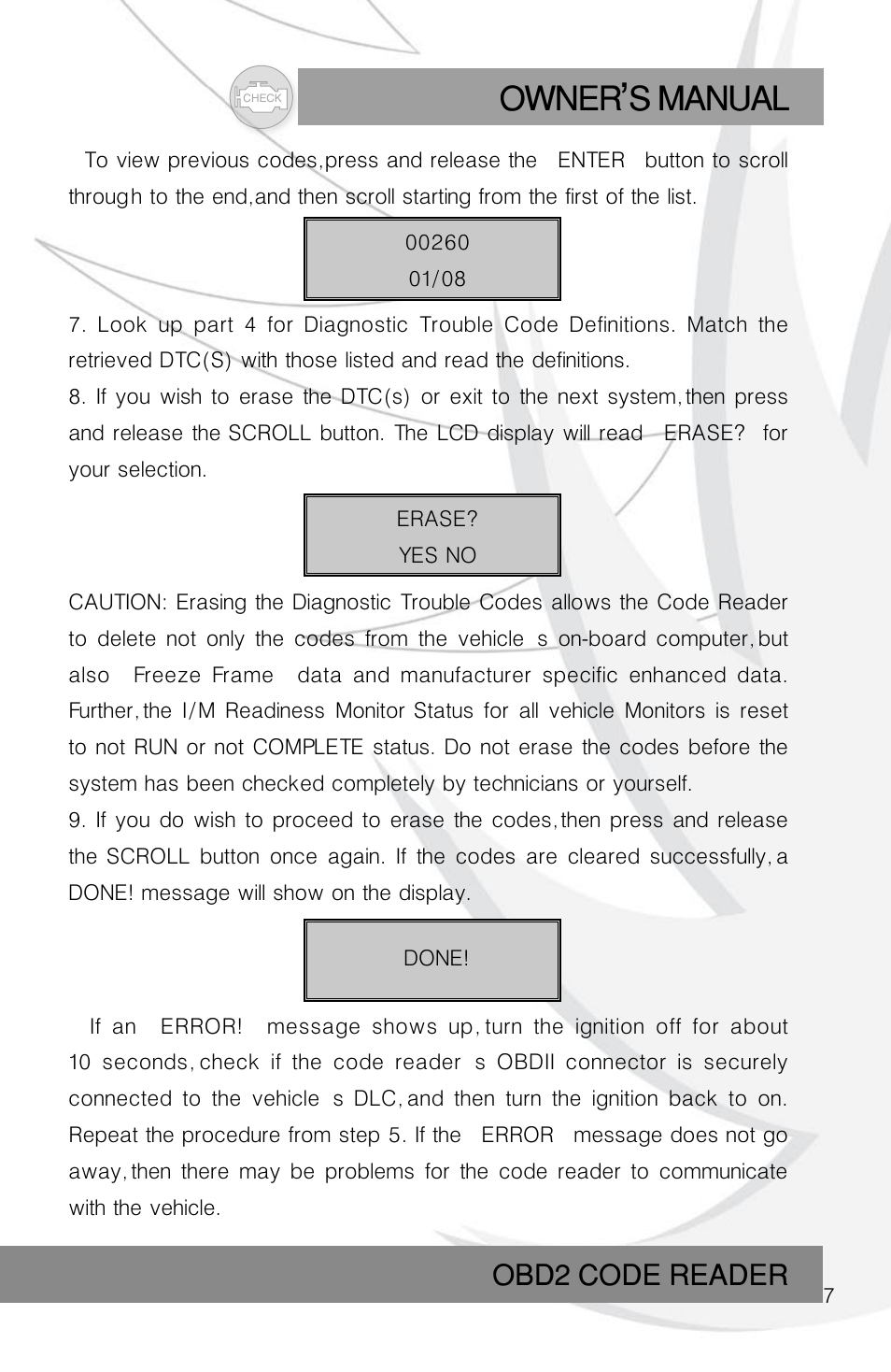Owner s manual, Obd2 code reader | Roadi RDT45 User Manual | Page 7 / 40