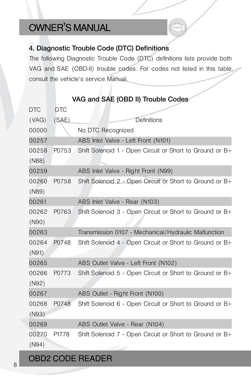 Owner s manual, Obd2 code reader | Roadi RDT45 User Manual | Page 8 / 40