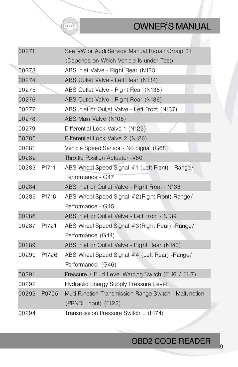 Owner s manual, Obd2 code reader | Roadi RDT45 User Manual | Page 9 / 40