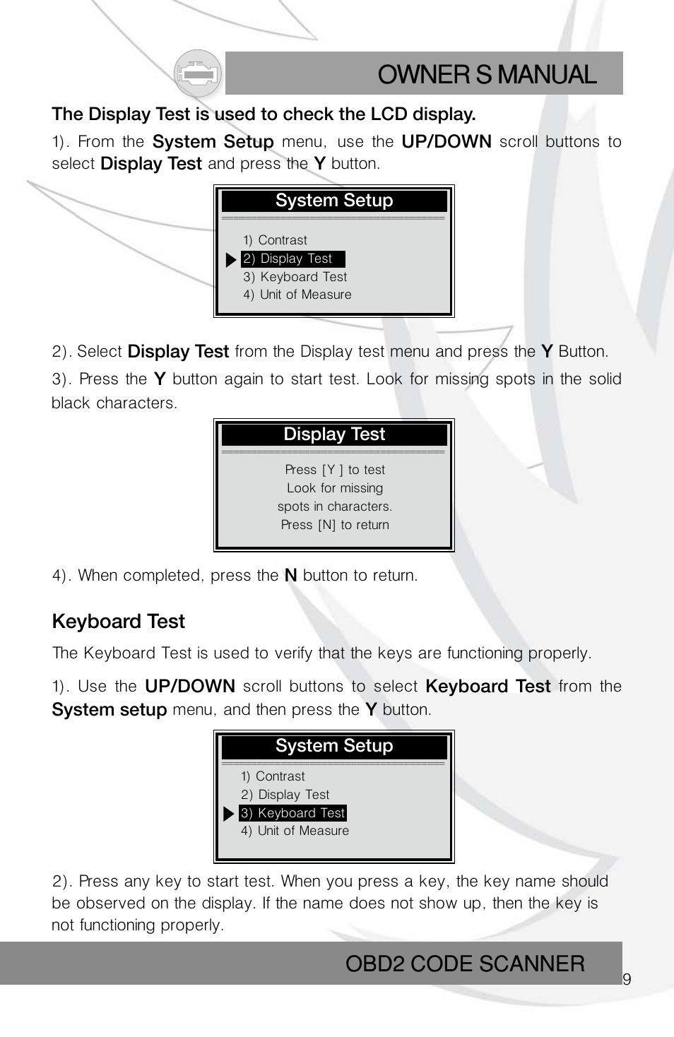 Owner s manual, Obd2 code scanner, Keyboard test | Roadi RDT55 User Manual | Page 11 / 30