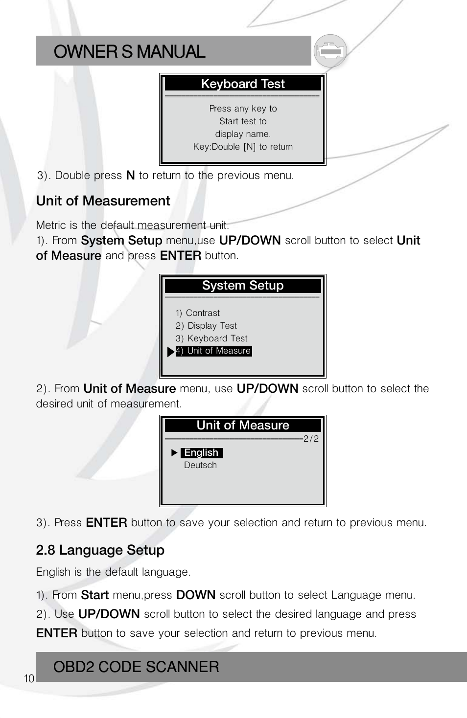 Owner s manual, Obd2 code scanner, Unit of measurement | 8 language setup | Roadi RDT55 User Manual | Page 12 / 30