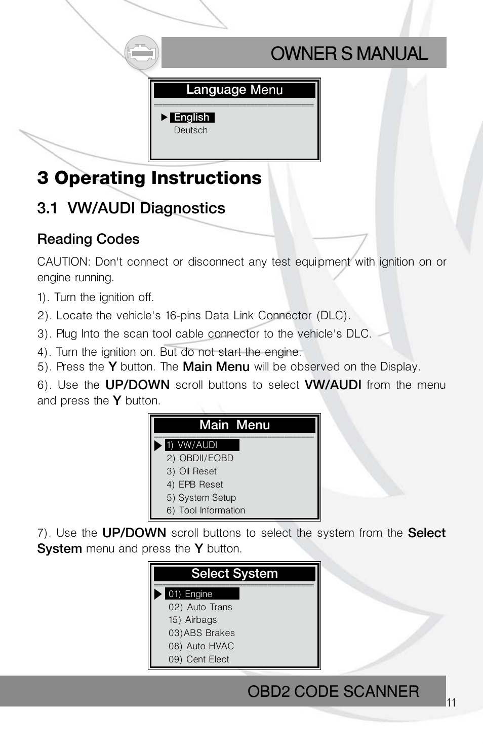 Owner s manual, 3 operating instructions, Obd2 code scanner | 1 vw/audi diagnostics | Roadi RDT55 User Manual | Page 13 / 30