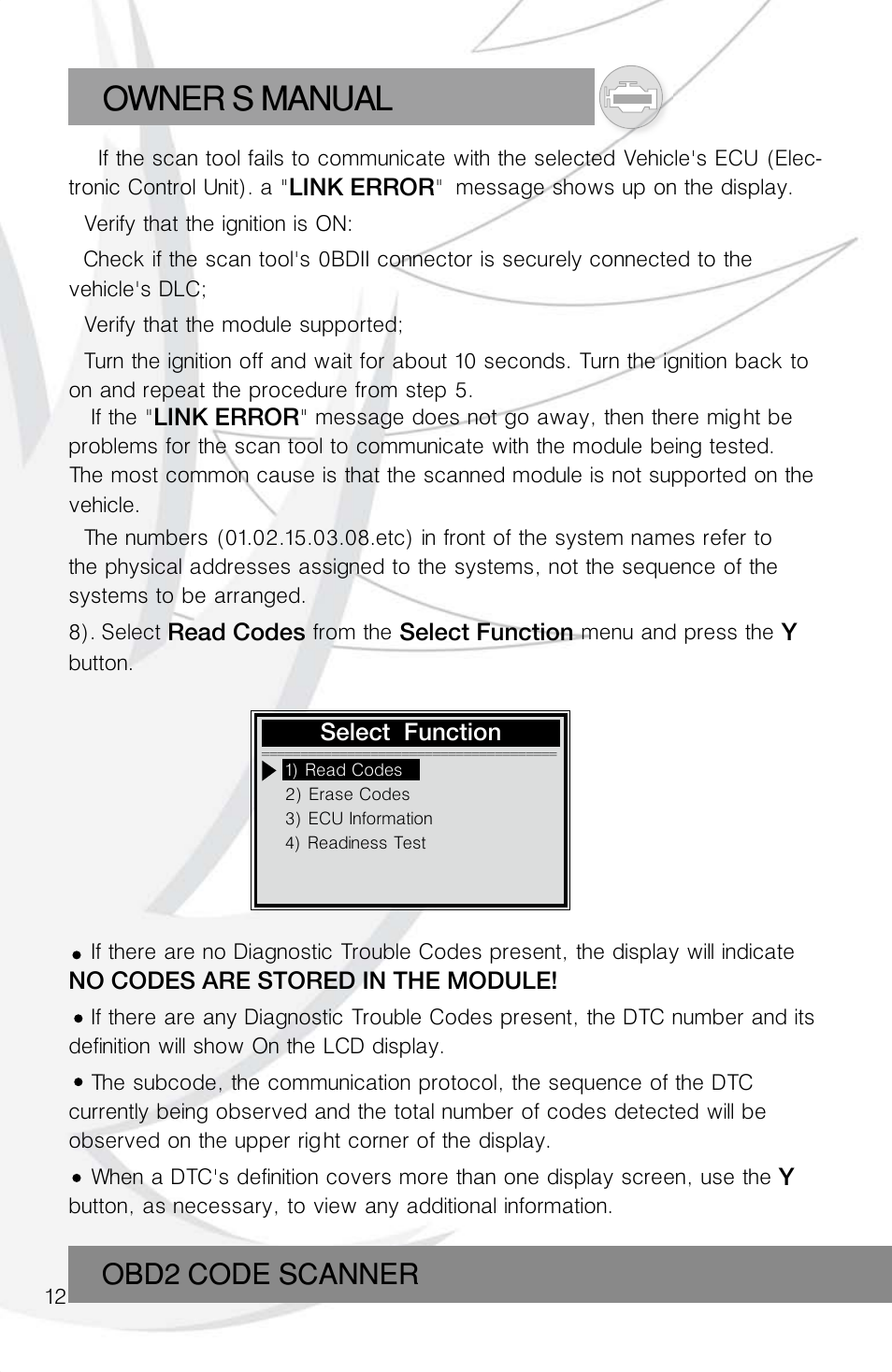 Owner s manual, Obd2 code scanner | Roadi RDT55 User Manual | Page 14 / 30