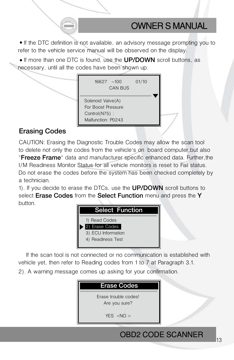 Owner s manual, Obd2 code scanner, Erasing codes | Roadi RDT55 User Manual | Page 15 / 30