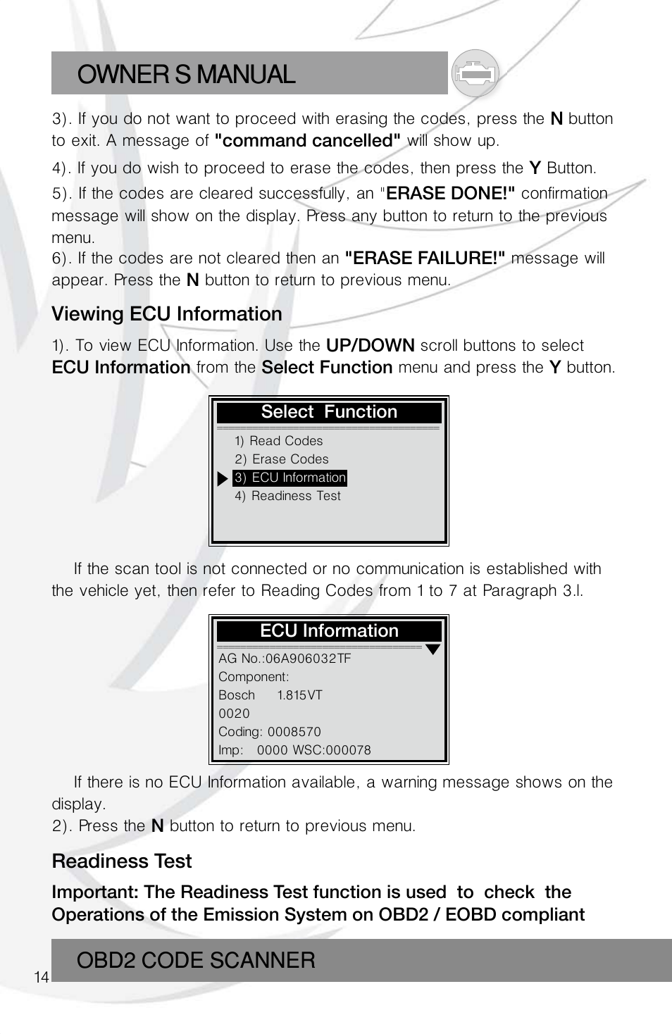 Owner s manual, Obd2 code scanner | Roadi RDT55 User Manual | Page 16 / 30