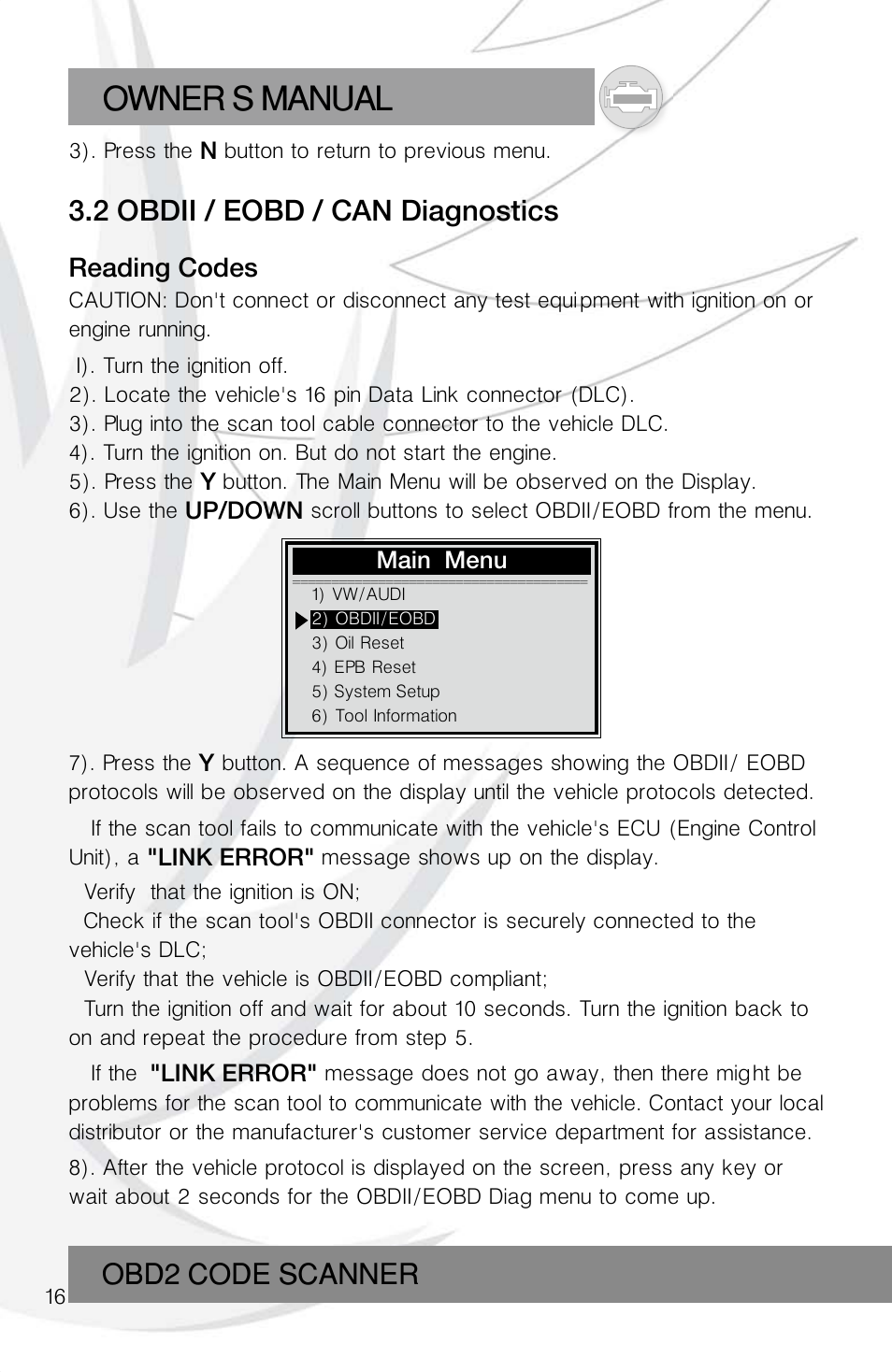 Owner s manual, Obd2 code scanner, 2 obdii / eobd / can diagnostics | Roadi RDT55 User Manual | Page 18 / 30