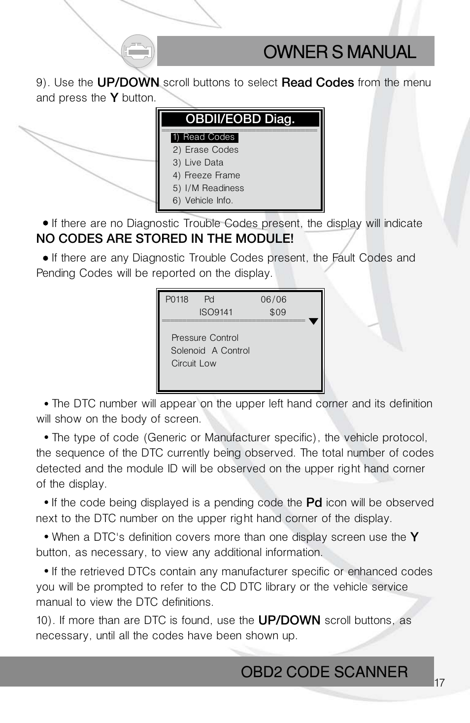 Owner s manual, Obd2 code scanner | Roadi RDT55 User Manual | Page 19 / 30