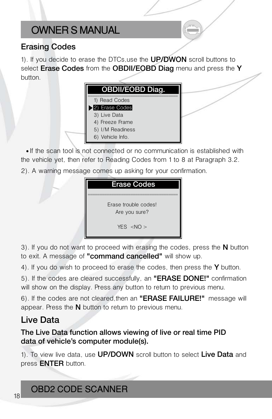 Owner s manual, Obd2 code scanner, Live data | Roadi RDT55 User Manual | Page 20 / 30