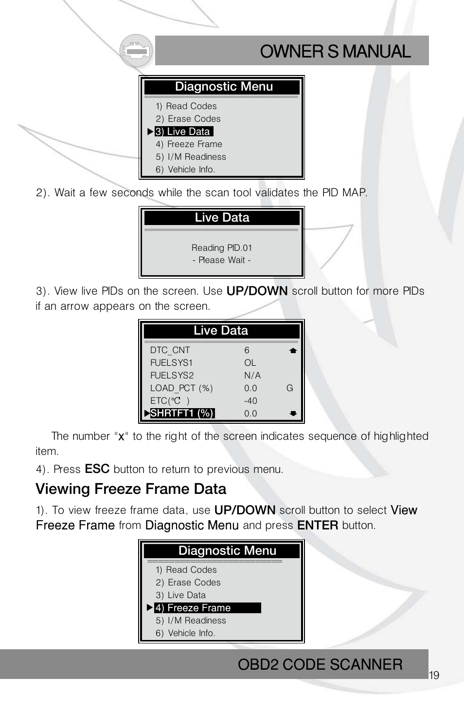 Owner s manual, Obd2 code scanner, Viewing freeze frame data | Roadi RDT55 User Manual | Page 21 / 30