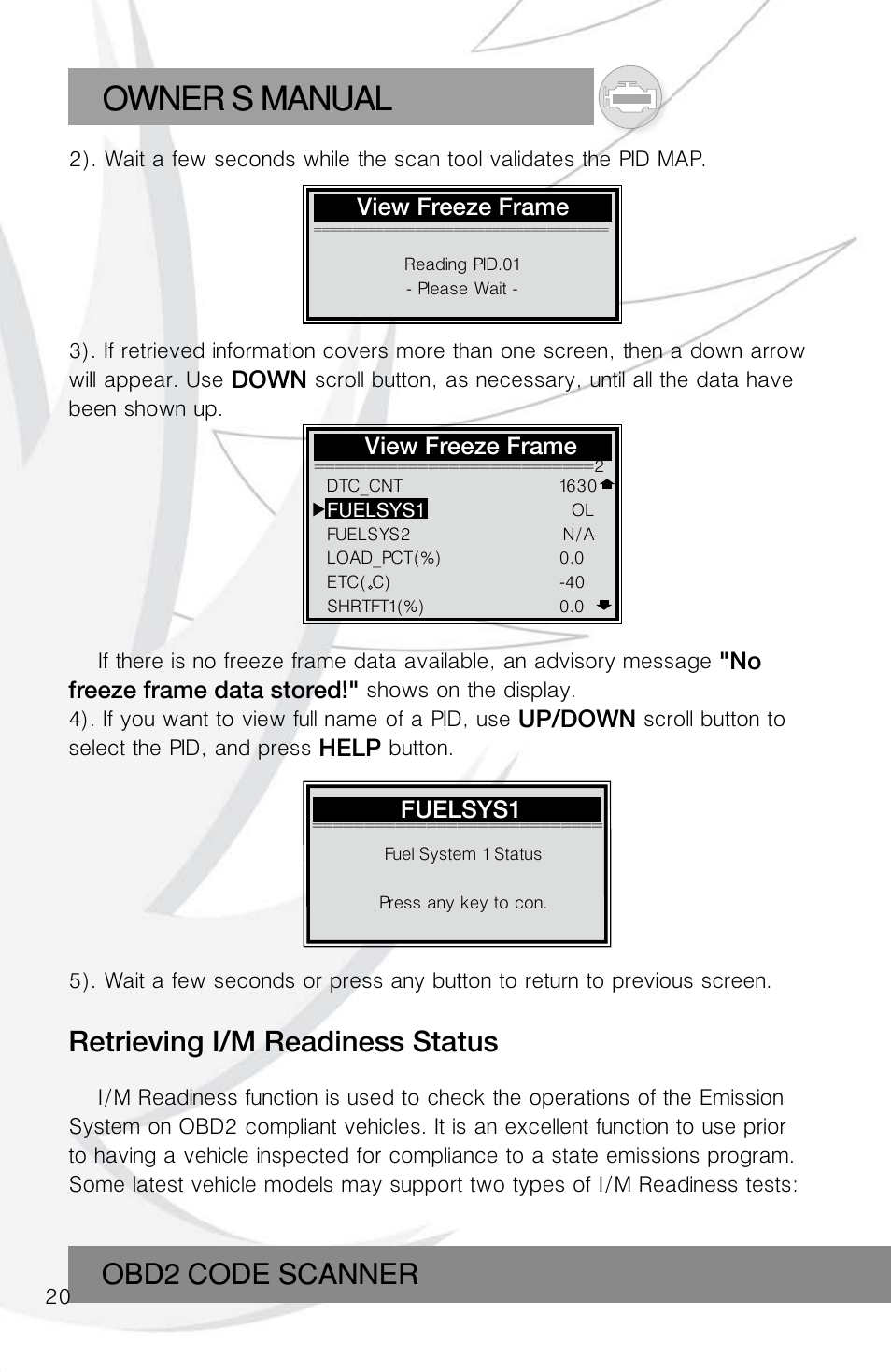 Owner s manual, Obd2 code scanner, Retrieving i/m readiness status | Roadi RDT55 User Manual | Page 22 / 30