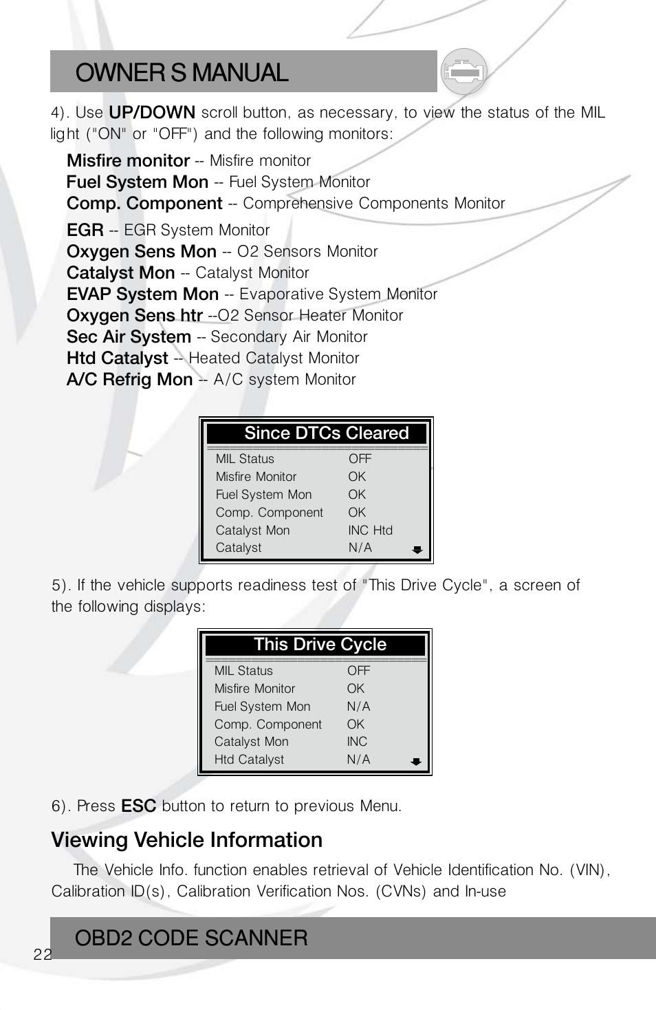 Owner s manual, Obd2 code scanner, Viewing vehicle information | Roadi RDT55 User Manual | Page 24 / 30