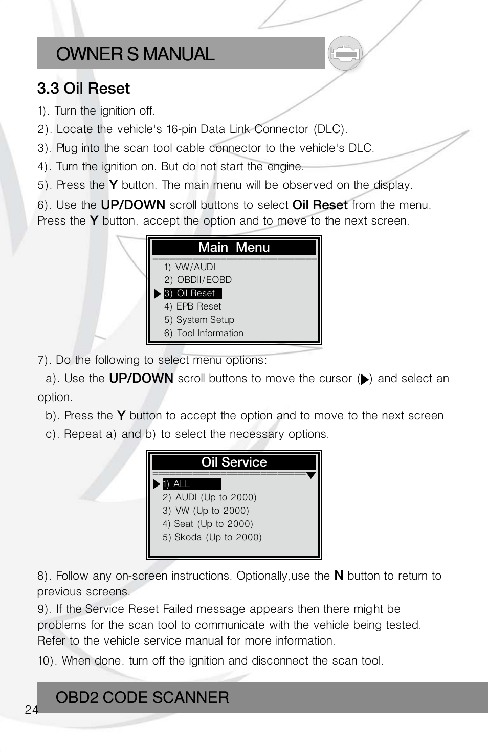 Owner s manual, Obd2 code scanner, 3 oil reset | Roadi RDT55 User Manual | Page 26 / 30