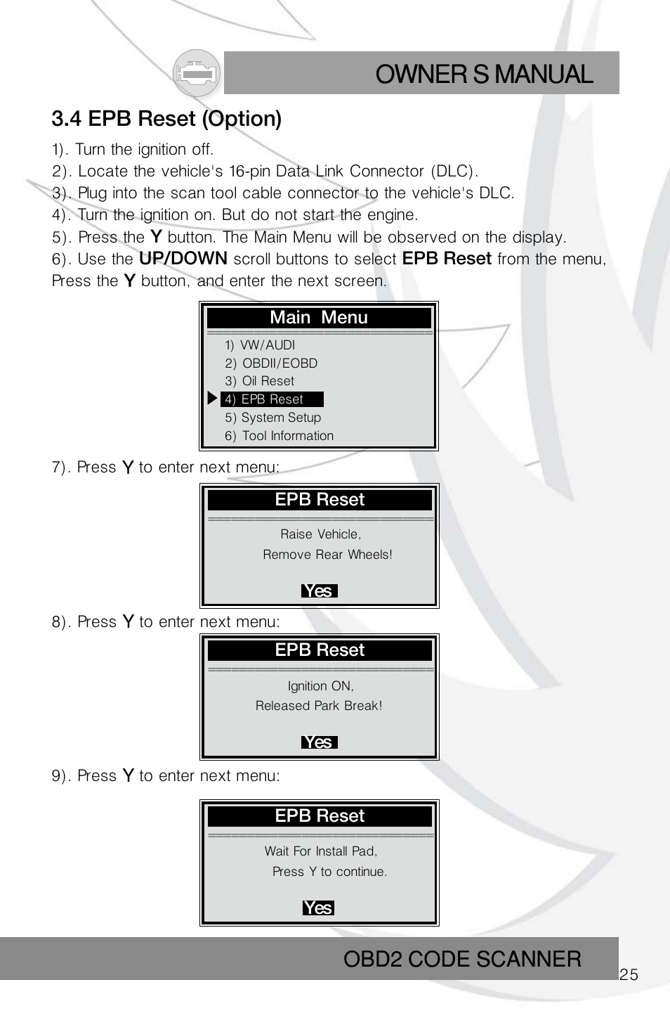 Owner s manual, Obd2 code scanner, 4 epb reset (option) | Roadi RDT55 User Manual | Page 27 / 30