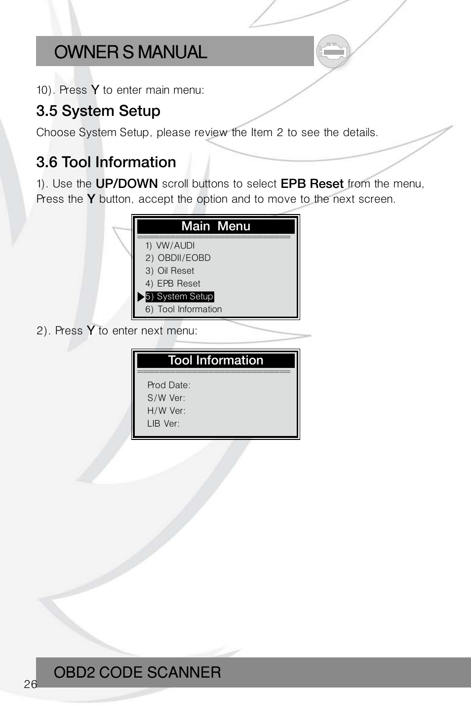 Owner s manual, Obd2 code scanner, 6 tool information | 5 system setup | Roadi RDT55 User Manual | Page 28 / 30