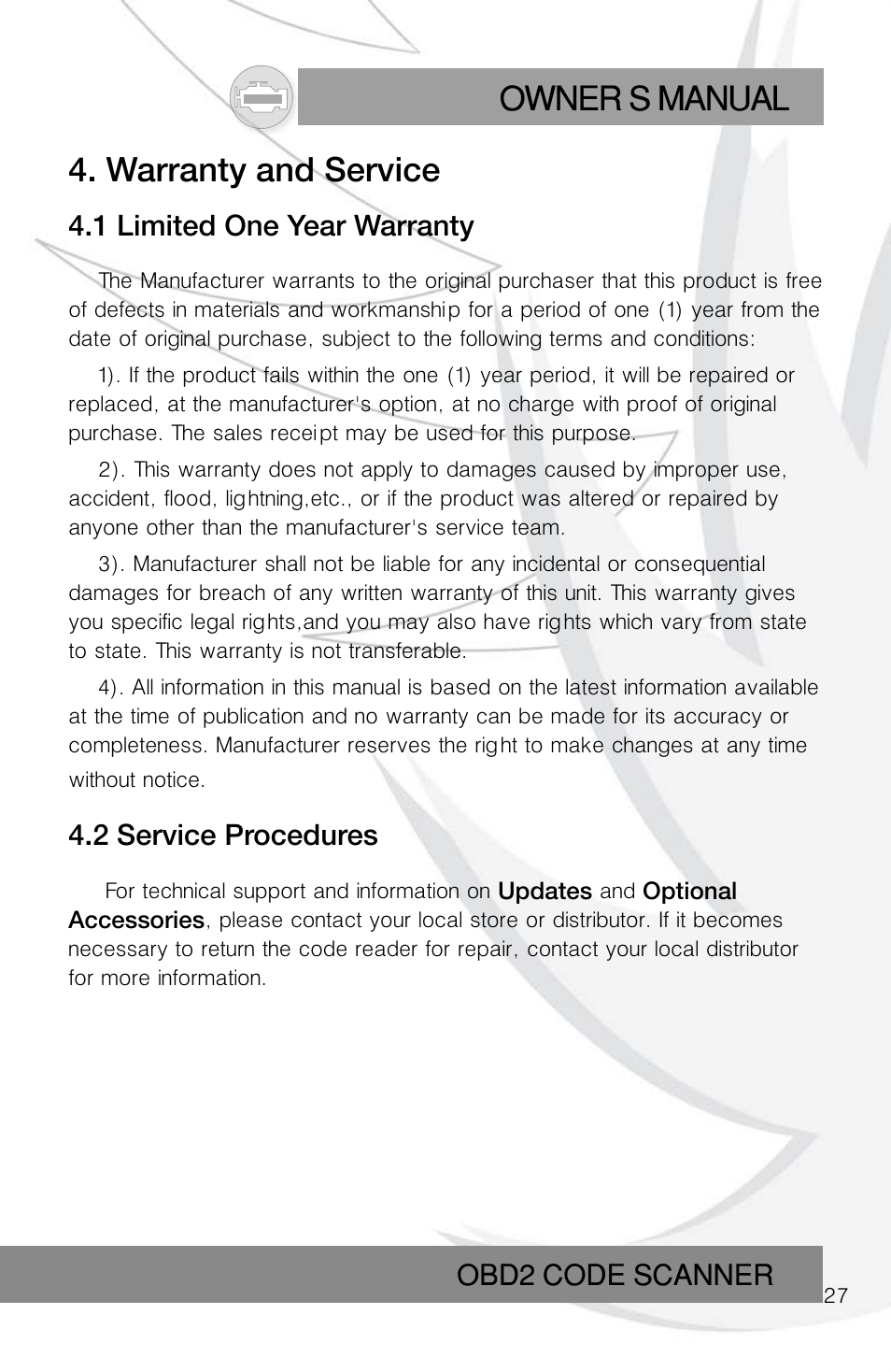 Owner s manual, Warranty and service | Roadi RDT55 User Manual | Page 29 / 30