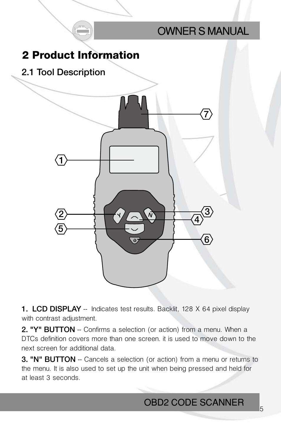 Owner s manual, 2 product information | Roadi RDT55 User Manual | Page 7 / 30