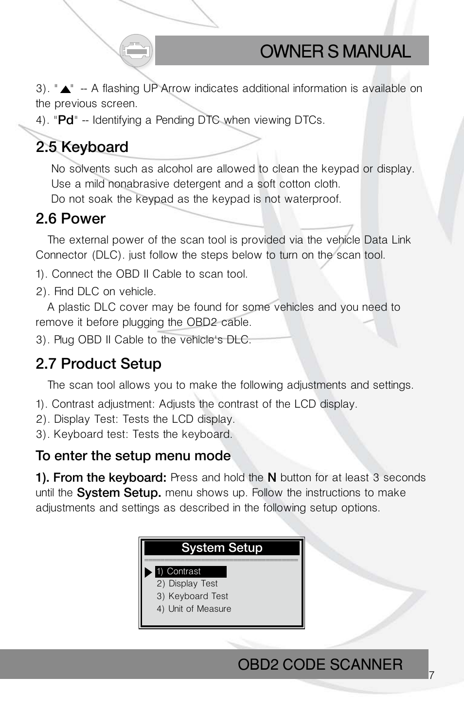 Owner s manual, Obd2 code scanner, 5 keyboard | 6 power, 7 product setup | Roadi RDT55 User Manual | Page 9 / 30