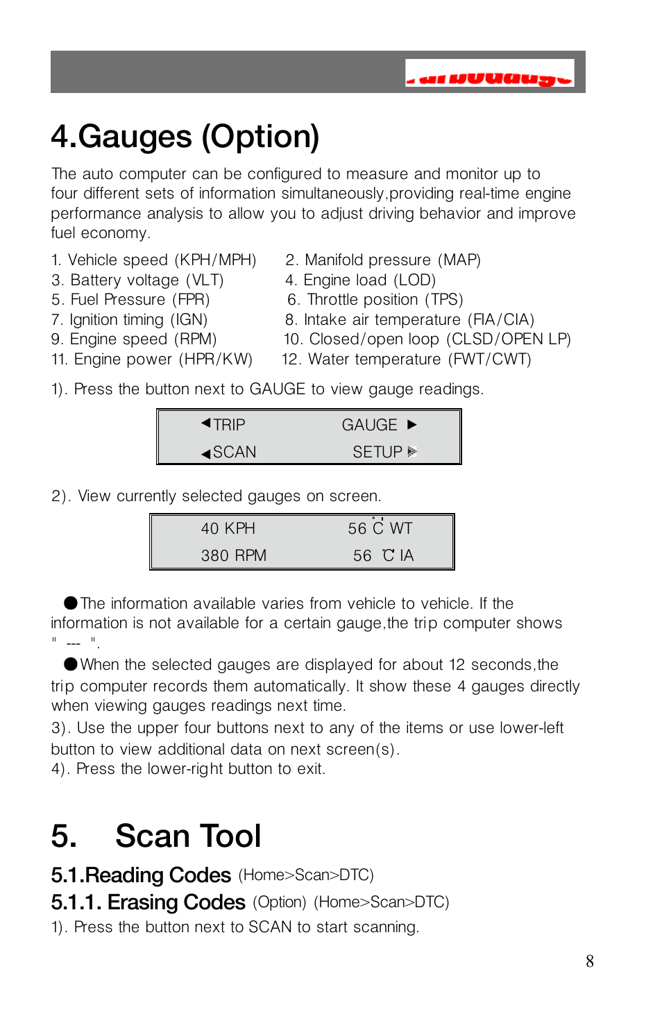 Scan tool, Gauges (option) | Roadi Turbo Gauge User Manual | Page 10 / 27