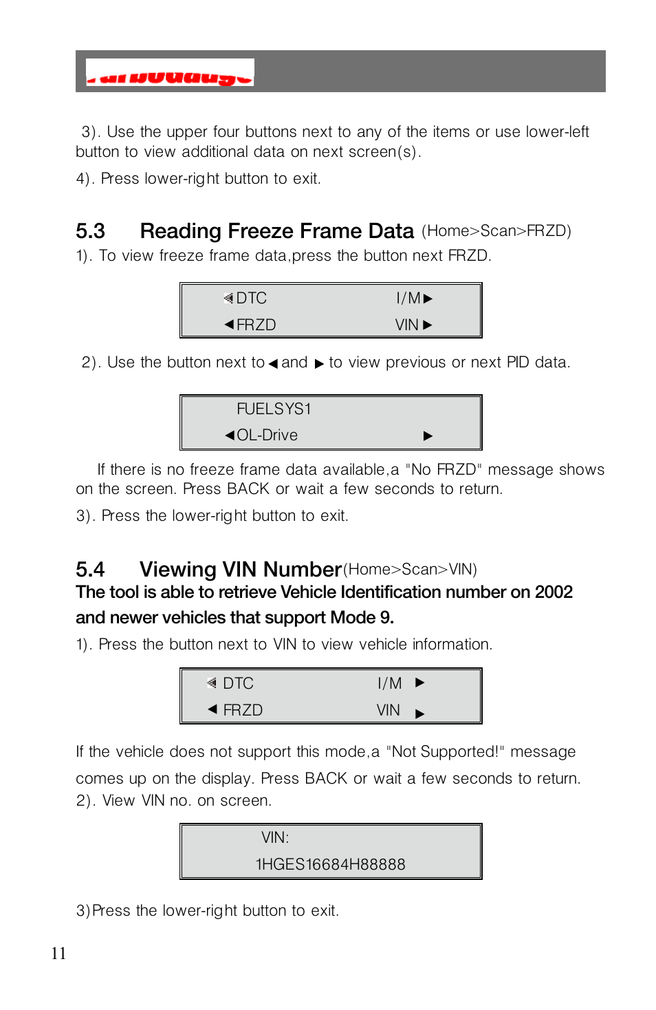 4 viewing vin number, 3 reading freeze frame data | Roadi Turbo Gauge User Manual | Page 13 / 27